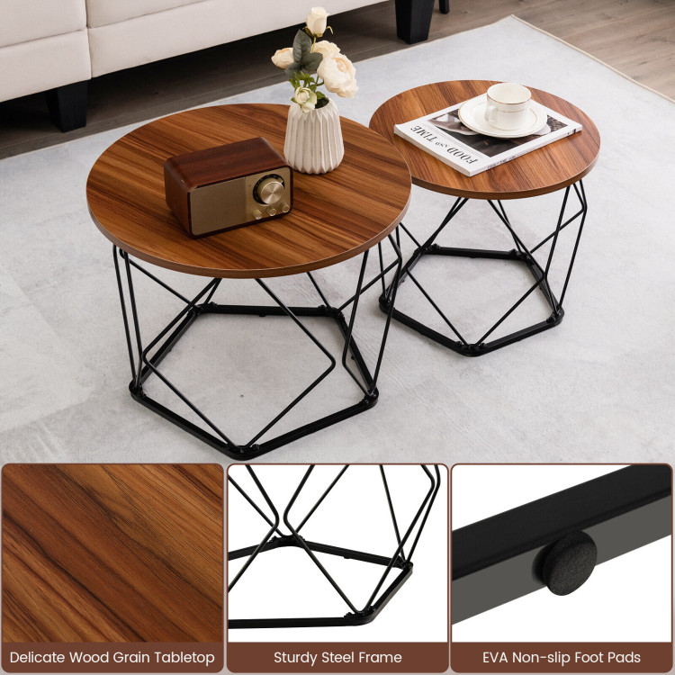 Set of 2 Modern Round Coffee Table with Pentagonal Steel Base-Rustic BrownCostway Gallery View 11 of 11